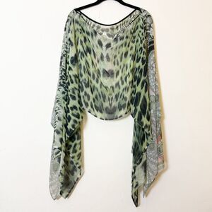 La Fiorentina Sheer Green Animal & Paisley Print Cape Shawl Wrap One Size